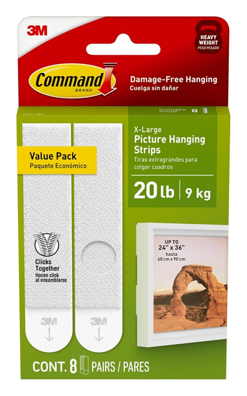 Command 20 lb X-Large Picture Hanging Strips, 8 Pairs White Strips Heavy Duty Picture Hanger - Image 1